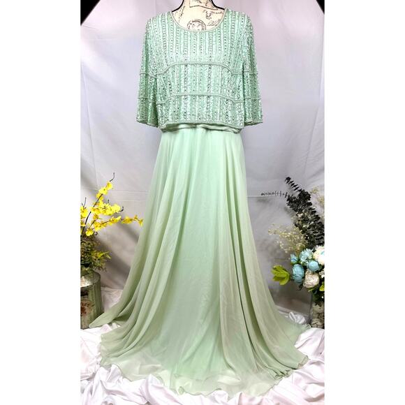 Mac Duggal  Green Chiffon Gown w/ Fully Beaded 3/4 Sleeves Size 16 - Picture 7 of 16